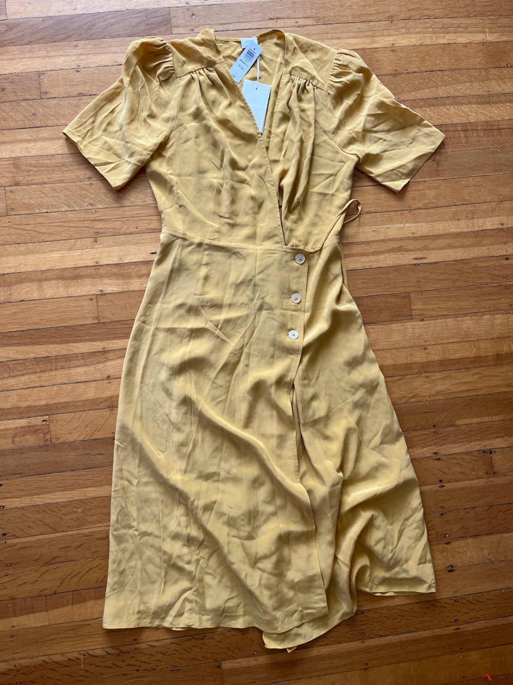 Wilfred Mustard yellow sand washed silk Mirabelle midi v-neck dress $228 NWT 4